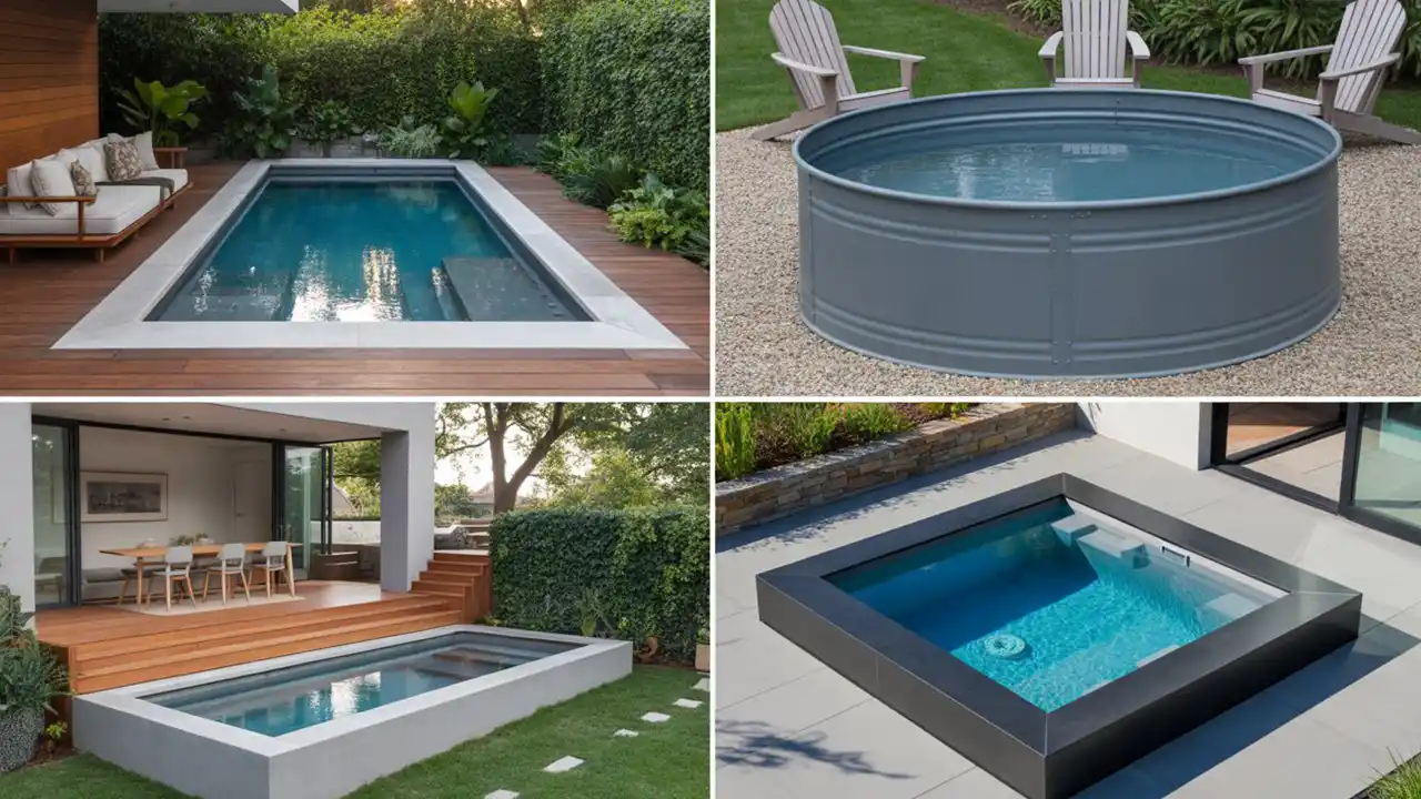 Tiered backyard with a small pool on the lower level and a dining area above