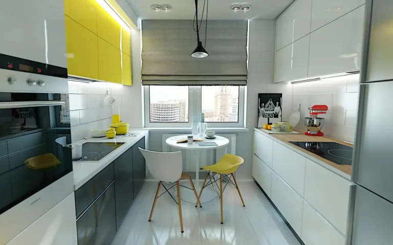 Bright and organized small apartment kitchen with white cabinets and wood accents