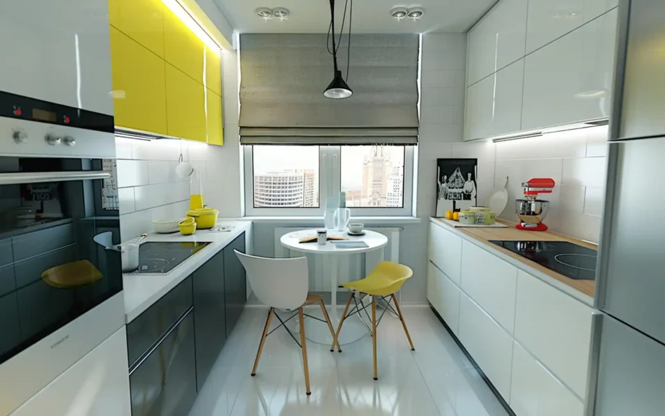 Bright and organized small apartment kitchen with white cabinets and wood accents