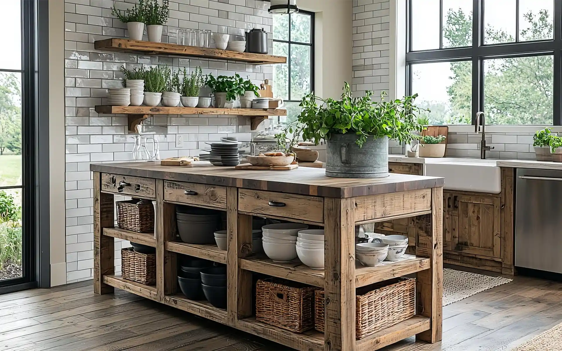Floating wood shelves in a kitchen with white ceramic dishes