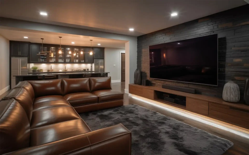 Luxurious basement man cave with a leather sectional, large TV, and a modern bar area.