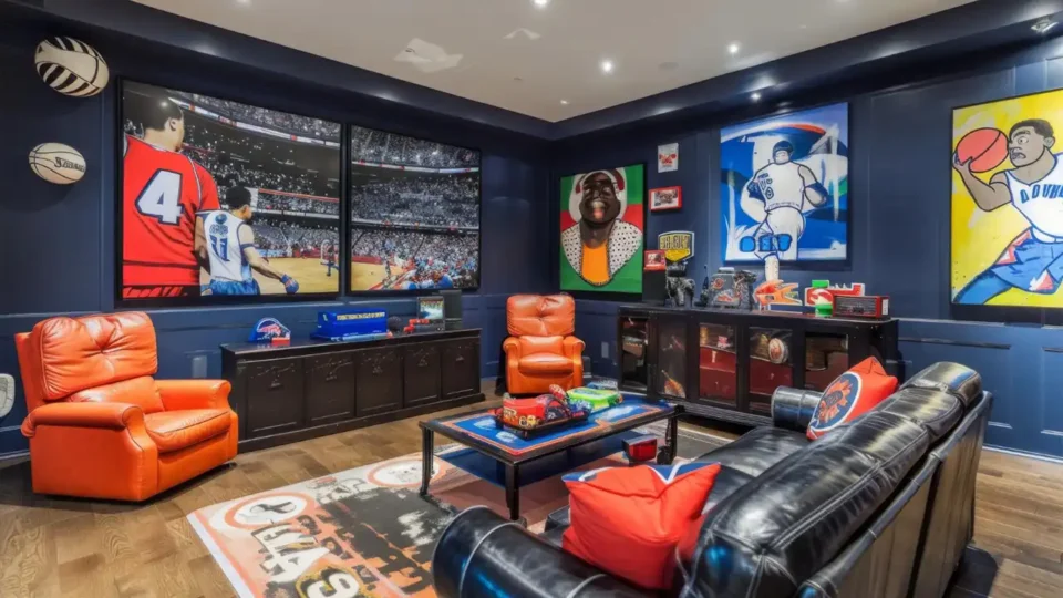 A luxury sports-themed man cave featuring navy blue walls, vibrant basketball wall art, orange leather recliners, and a large black leather sofa.