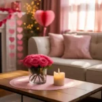 Cozy living room with pink and red Valentine's Day paper decorations