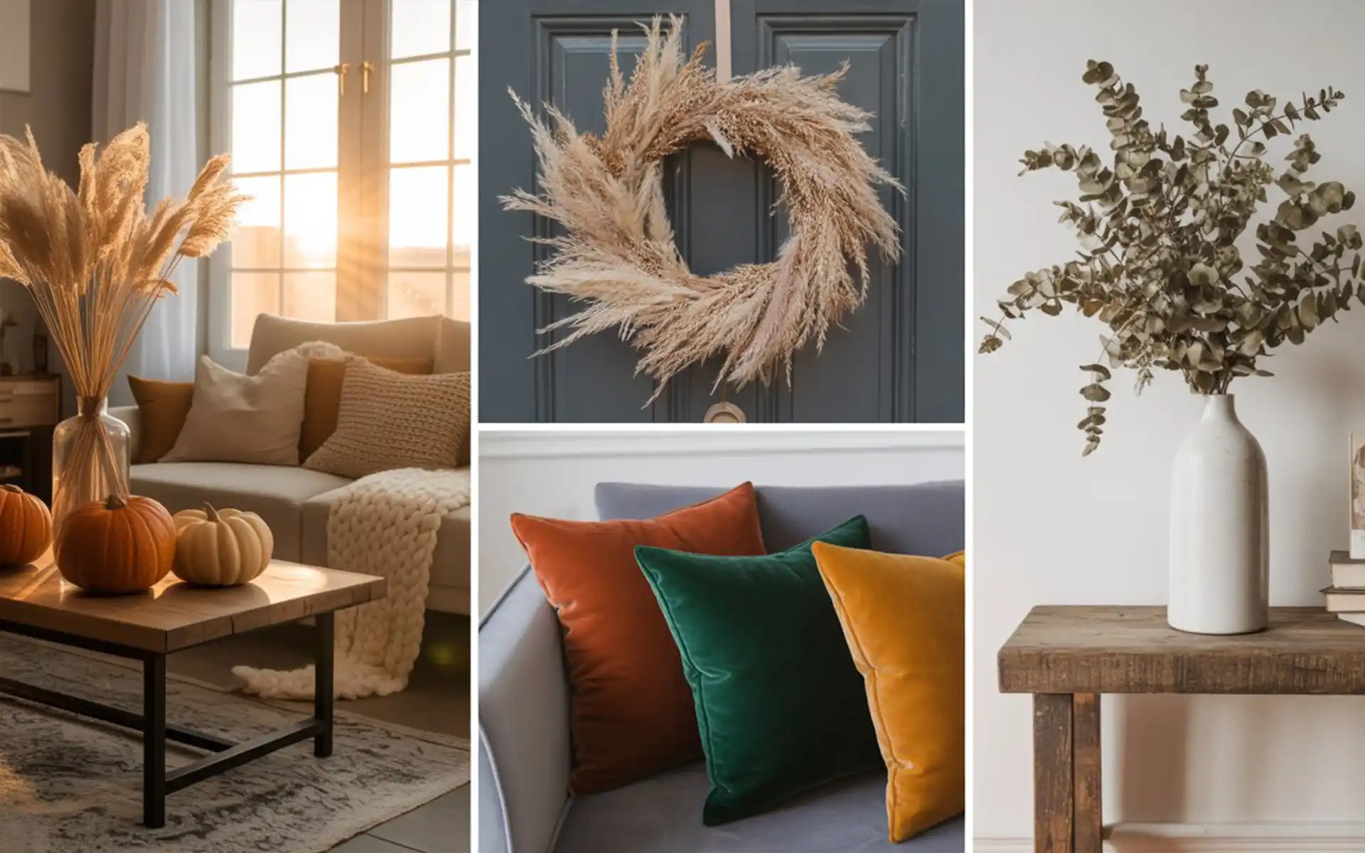 Terracotta and emerald velvet pillows on a grey sofa