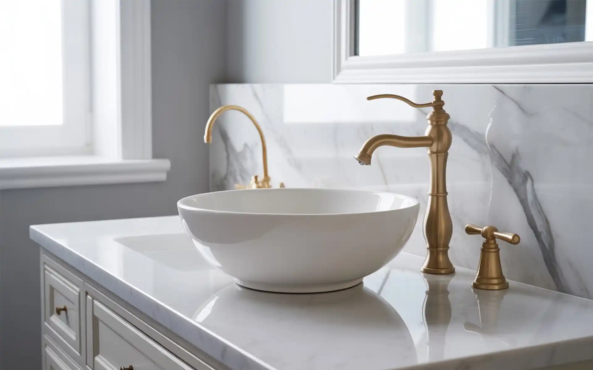 Grey vertical stacked tiles behind a modern bathroom sink
