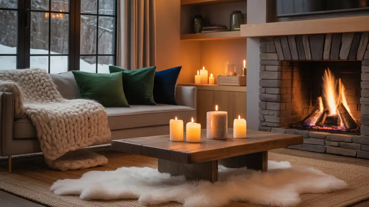 Living room with warm greige walls and soft wooden accents