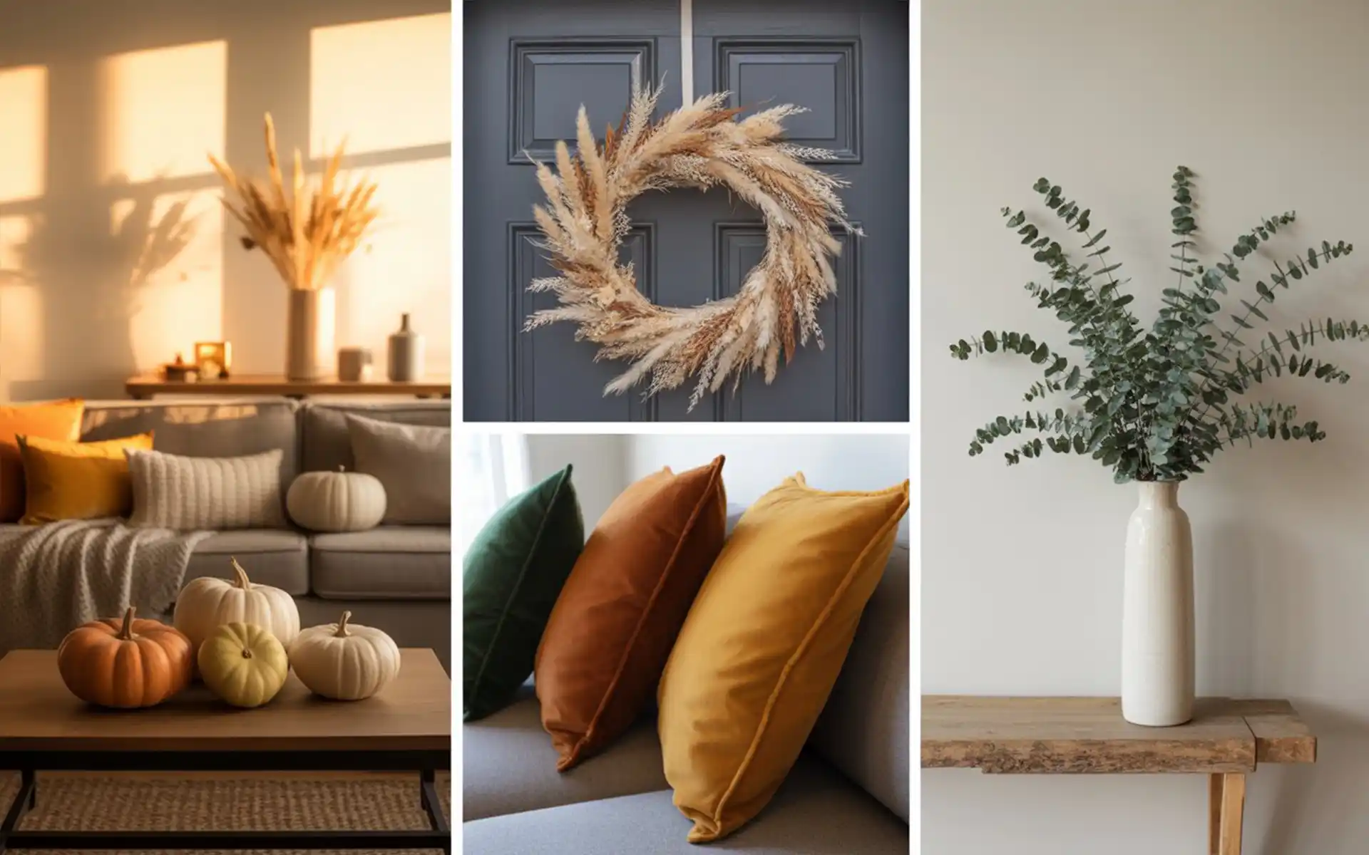 Minimalist dried wheat wreath on a dark front door