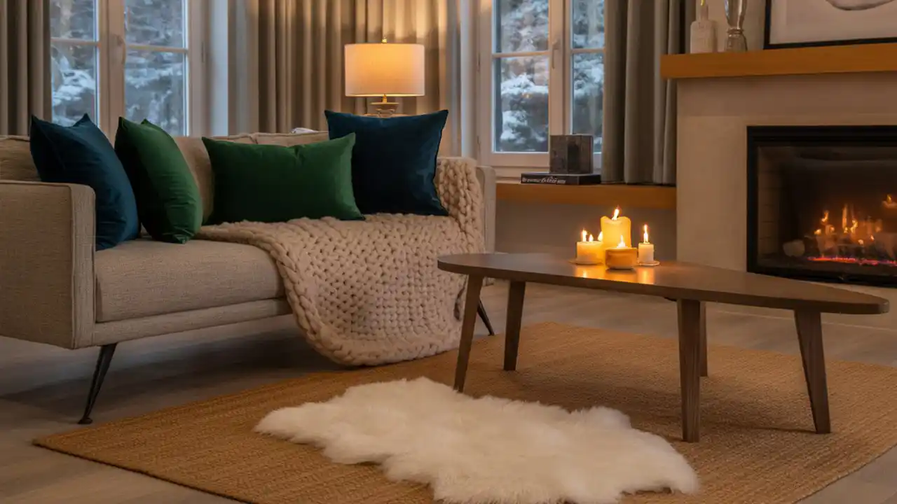 Close-up of emerald and navy velvet pillows on a soft sofa