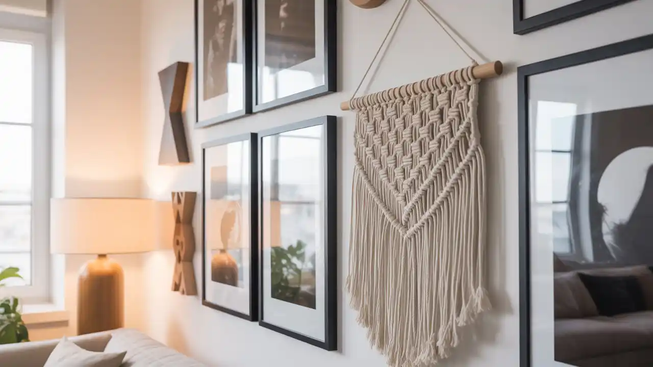 Large yarn fringe wall hanging on a piece of natural driftwood