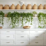 Stylish kitchen with woven baskets and plants on top of white cabinets