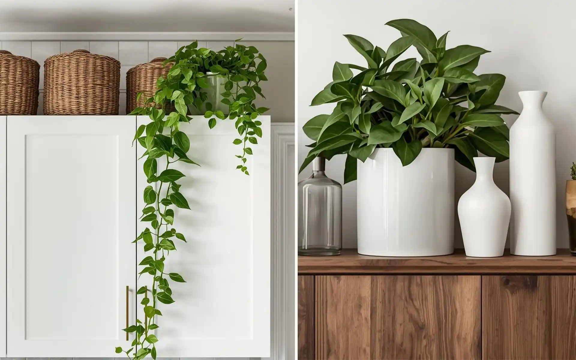 Close-up of a Pothos plant trailing over the edge of a kitchen cabinet
