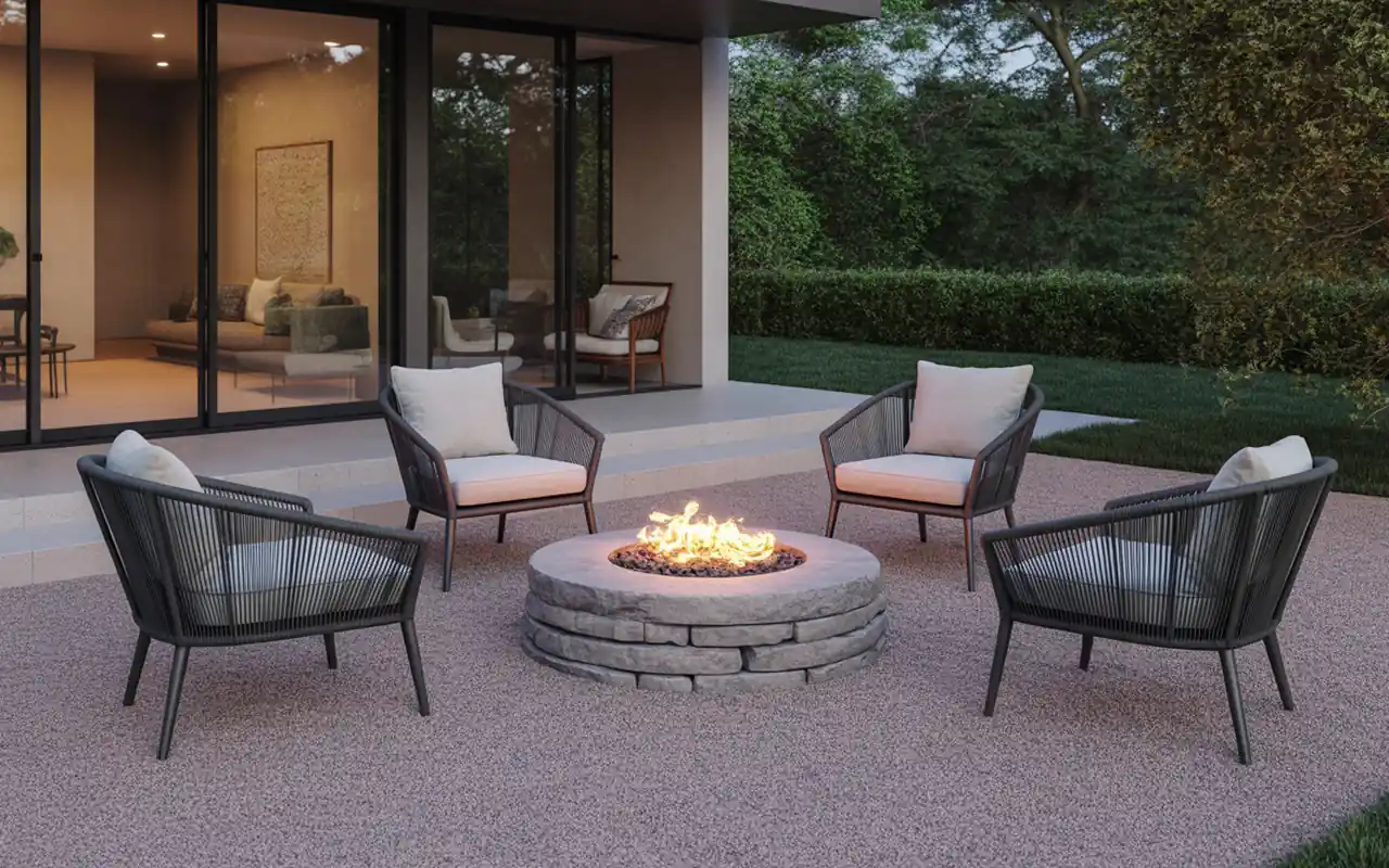 A neat pea gravel patio area with a fire pit and modern Adirondack chairs.