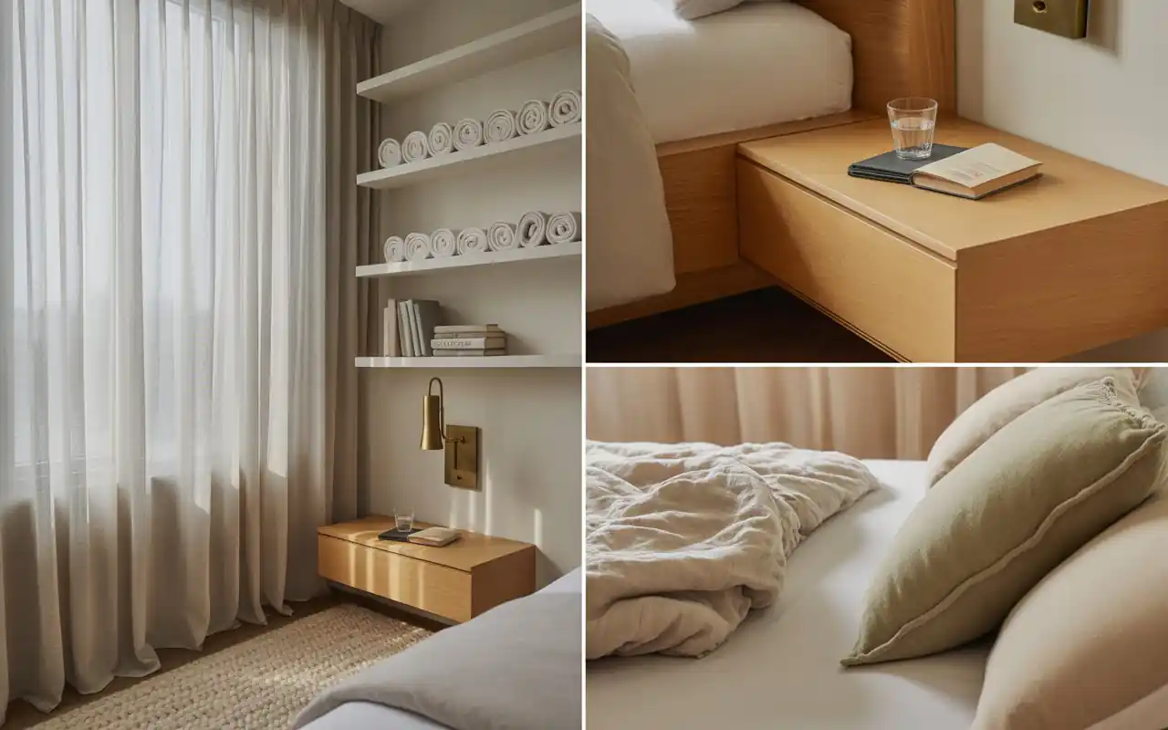 Small guest room with sheer curtains and light natural wood accents.