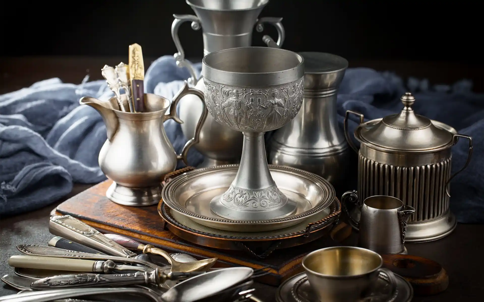 Vintage kitchen scale and copper pots displayed above cabinets