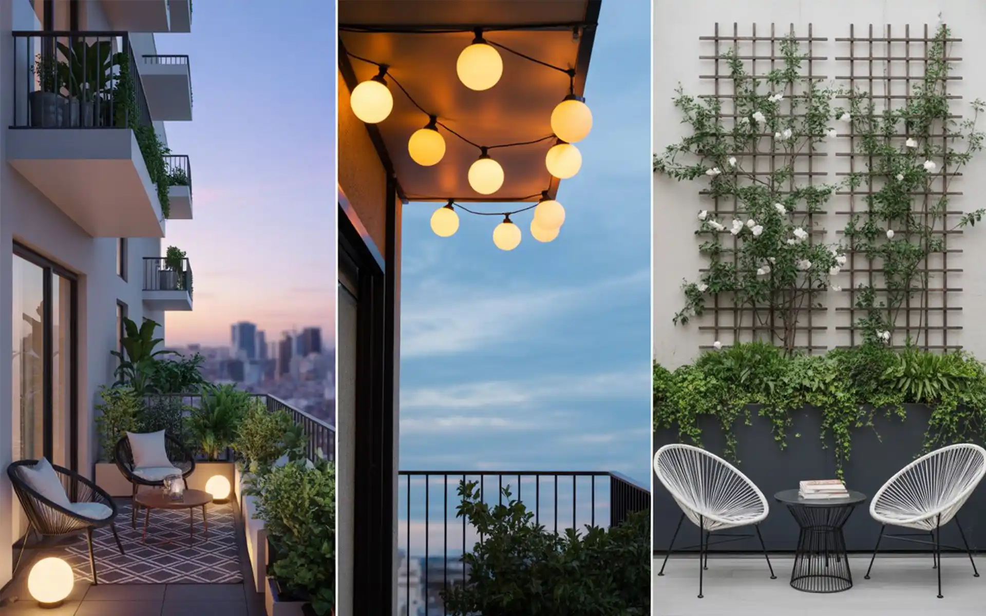 Black trellis on a balcony wall with climbing jasmine flowers