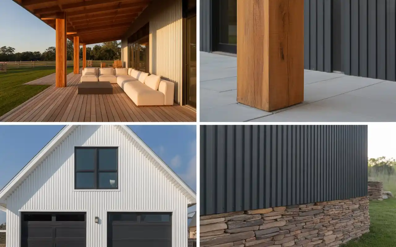 Close up of thick cedar posts supporting a barndominium porch roof against grey siding.