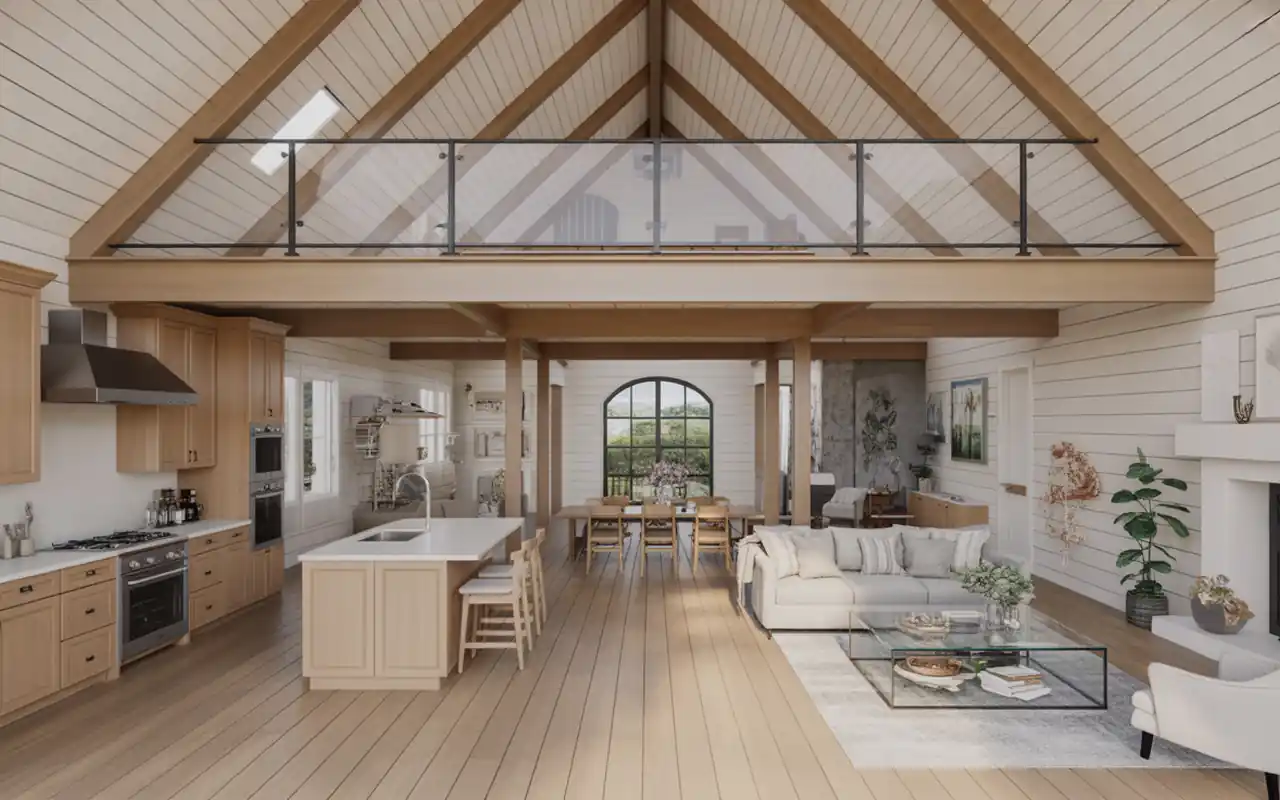 A wide-angle view of a barndominium great room showing an open floor plan and mezzanine loft.