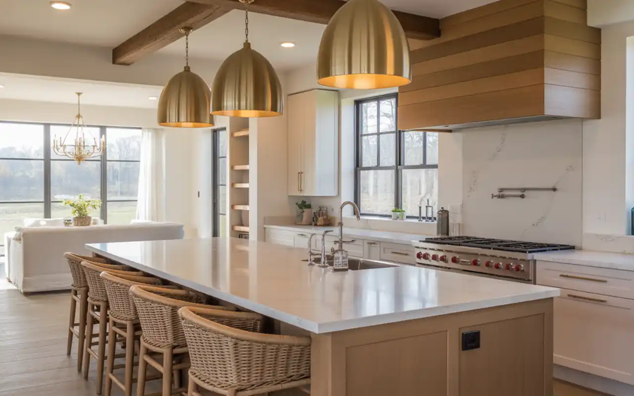 A high-end barndominium kitchen with a long oak island and quartz countertops.