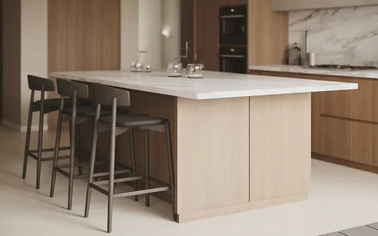 A modern barndominium kitchen with a large light oak island and matte black hardware.
