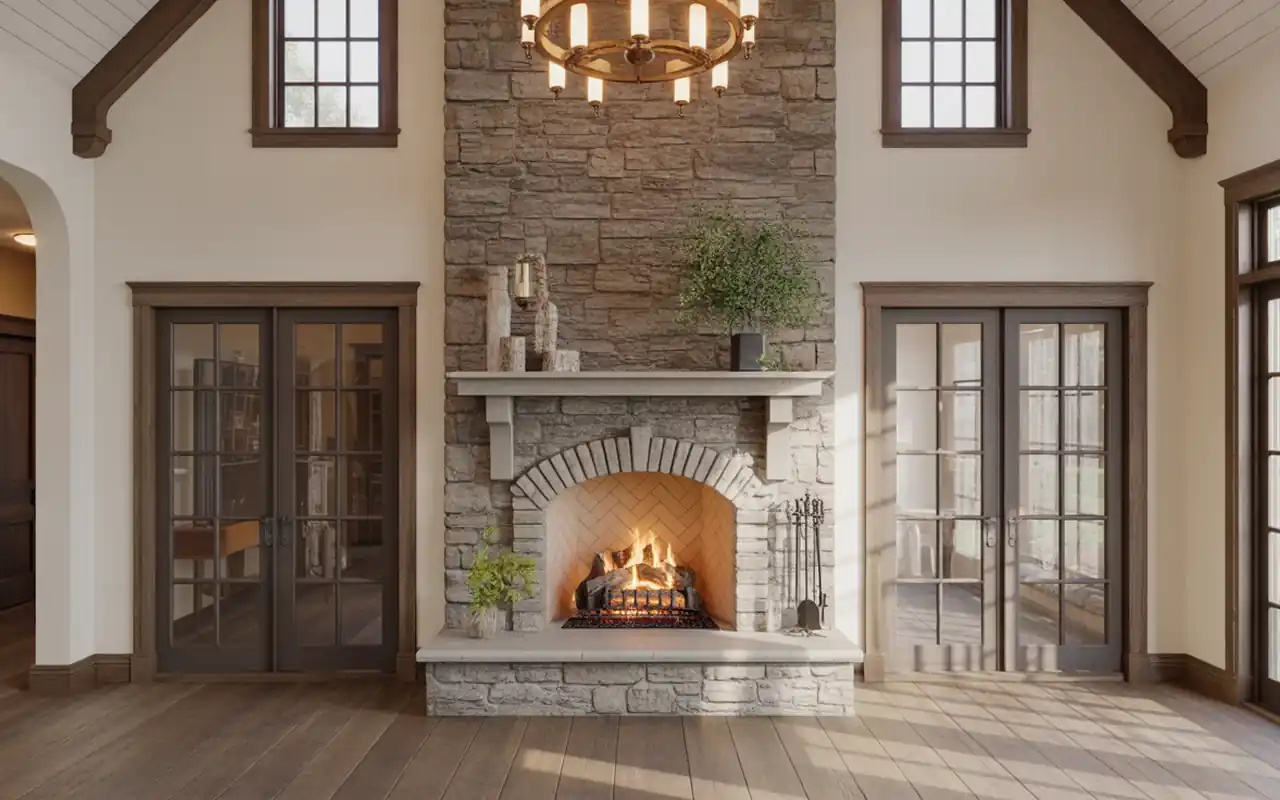 A two-story natural stone fireplace in a vaulted-ceiling barndominium interior.