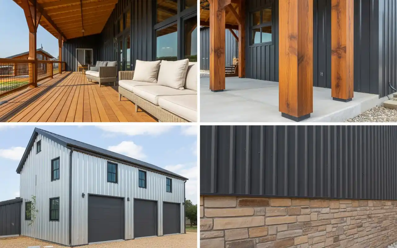 Grey stone wainscoting at the base of a charcoal metal barndominium for added texture.