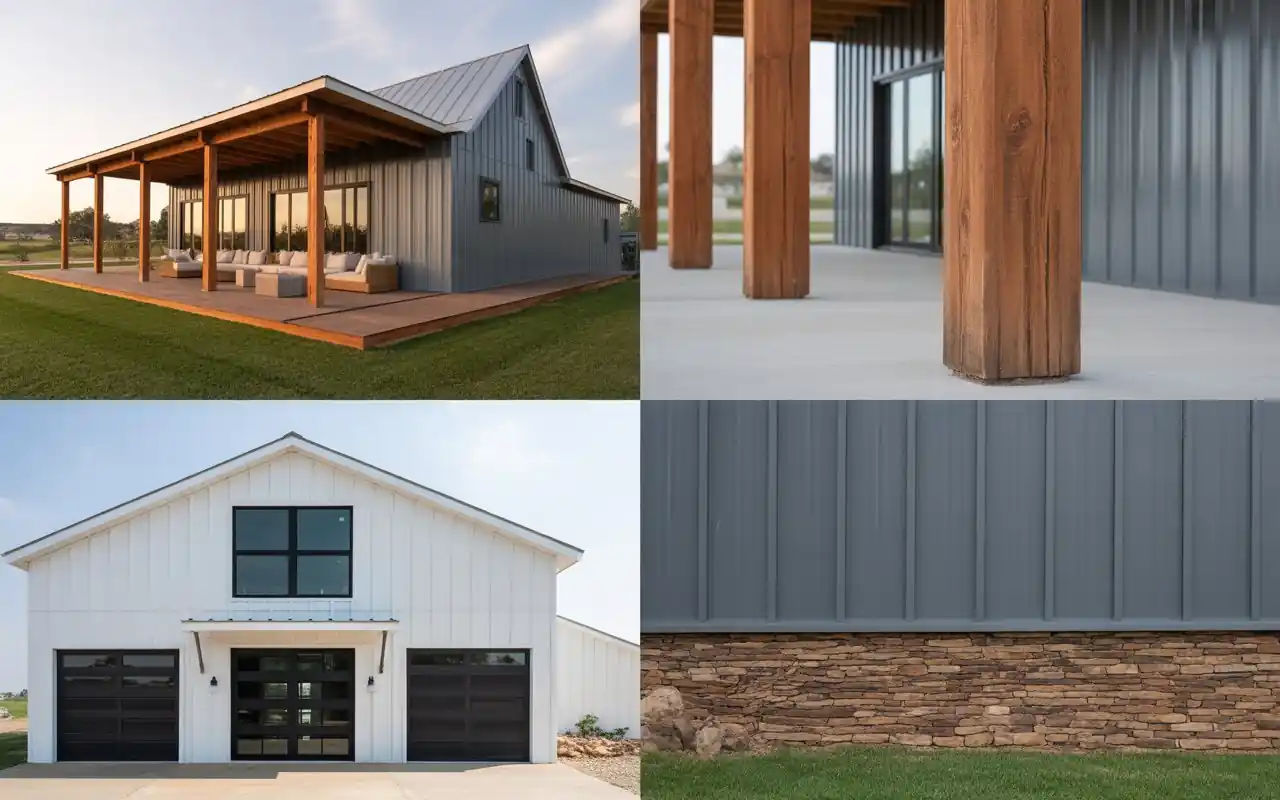 A wide wrap-around wooden porch on a white metal farmhouse with comfortable seating.