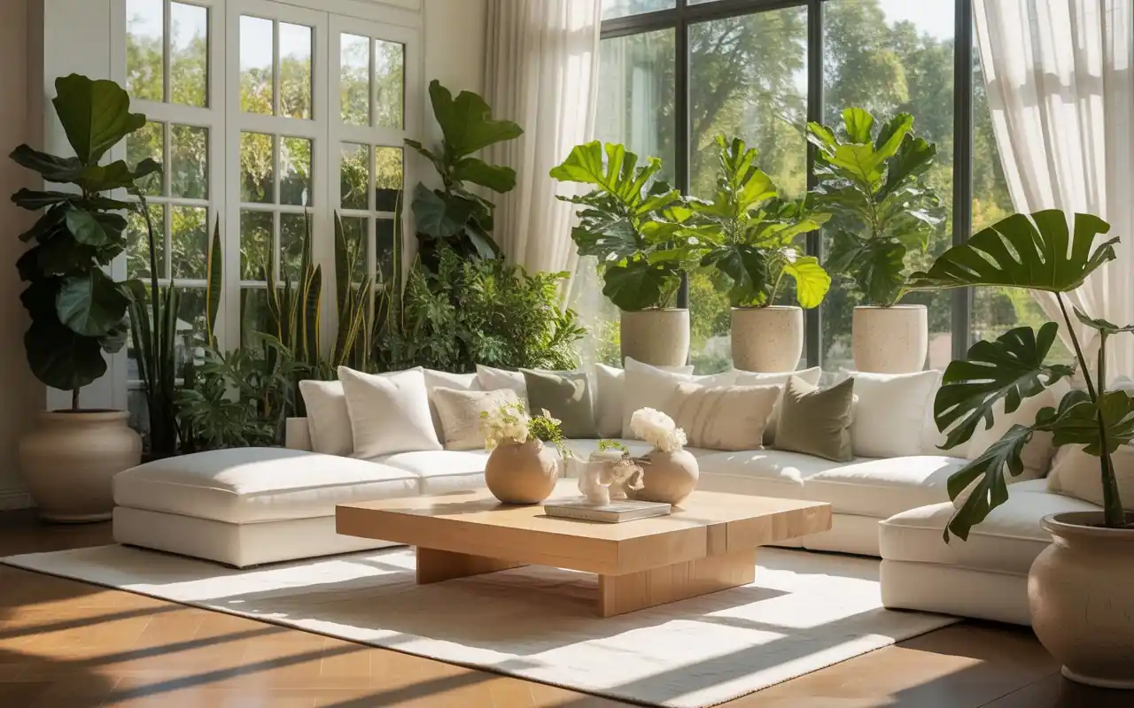 Close-up of a white beadboard ceiling with a modern wood ceiling fan on an enclosed porch.