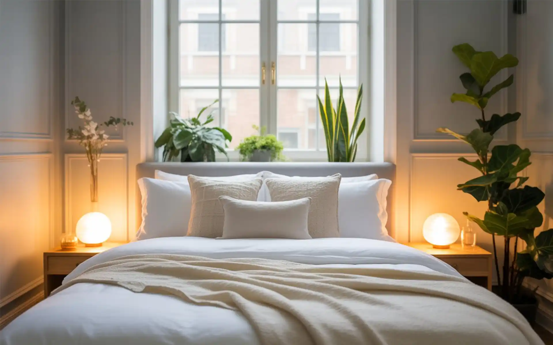 Bedroom with a subtle textured wallpaper accent wall behind the bed