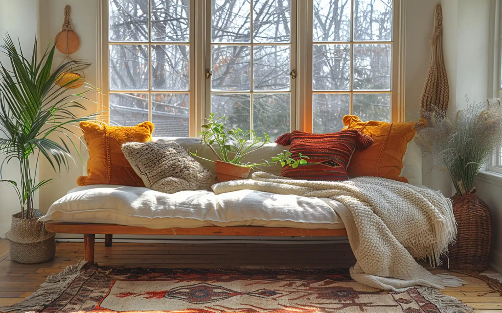 Cozy window bench with cushions in a small bedroom