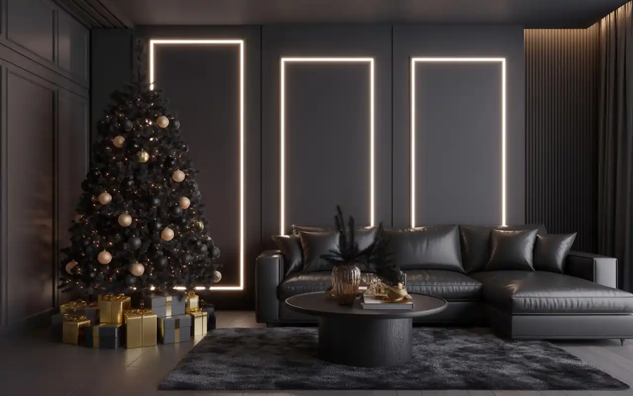 A fireplace mantel decorated with black garlands, gold candles, and black velvet stockings.