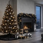 A stunning modern living room with a black Christmas tree and gold ornaments.