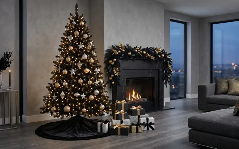 A stunning modern living room with a black Christmas tree and gold ornaments.