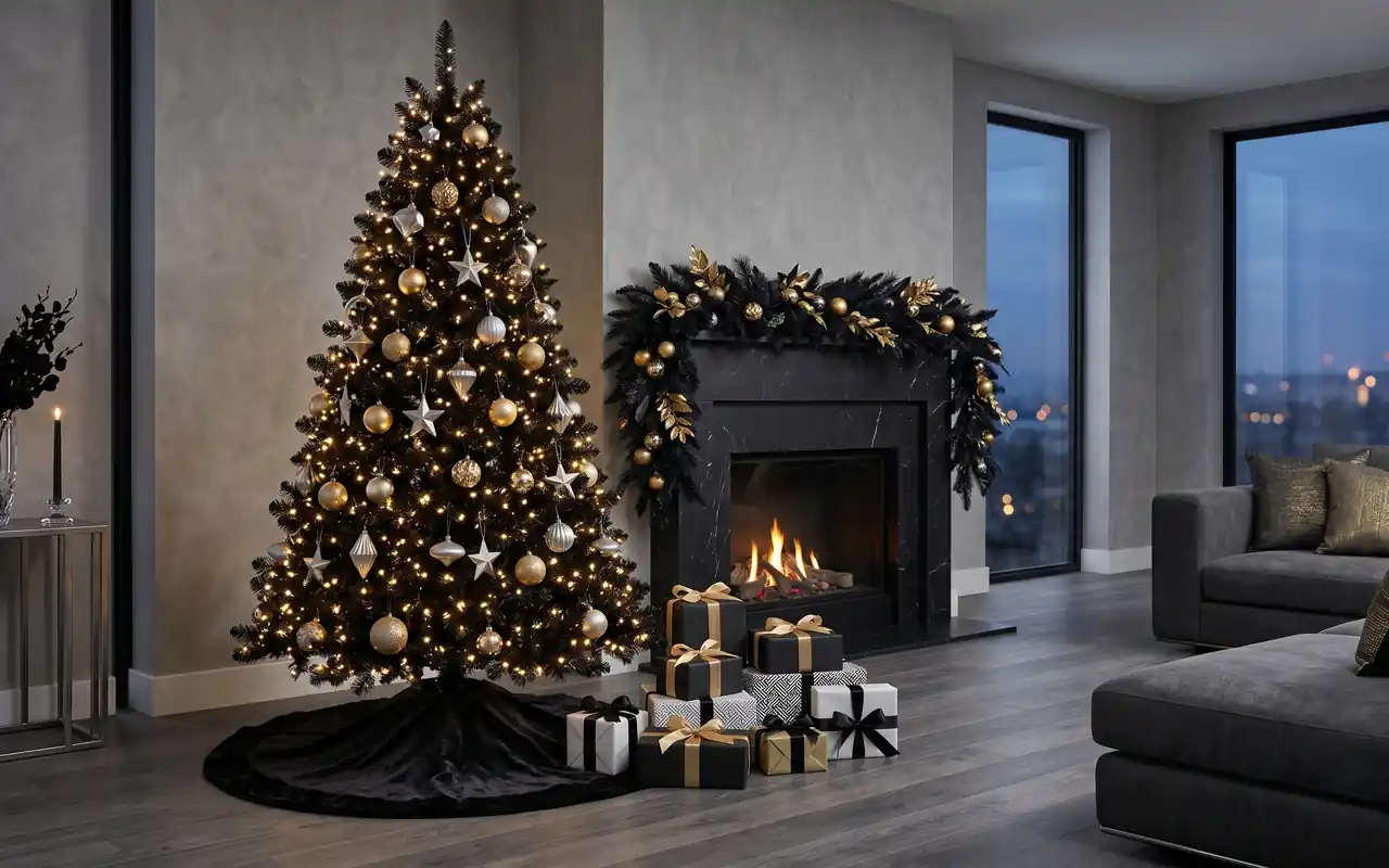 A stunning modern living room with a black Christmas tree and gold ornaments.
