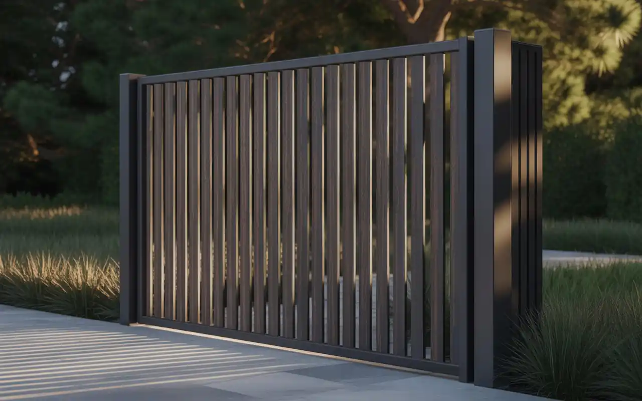A contemporary fence made of vertical dark wood planks and black metal frames in a yard.