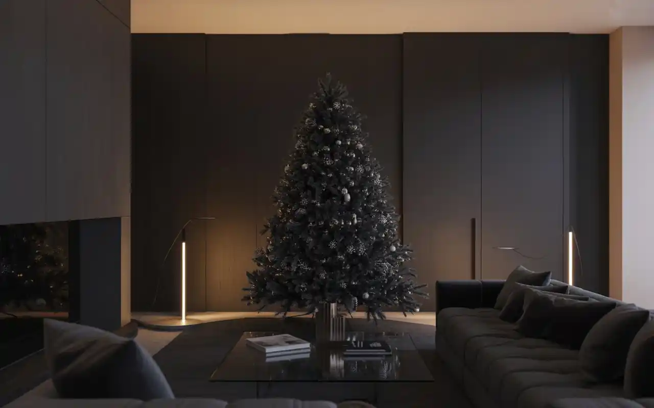 A minimalist entryway with a black tinsel wreath and simple black berry branches in a vase.