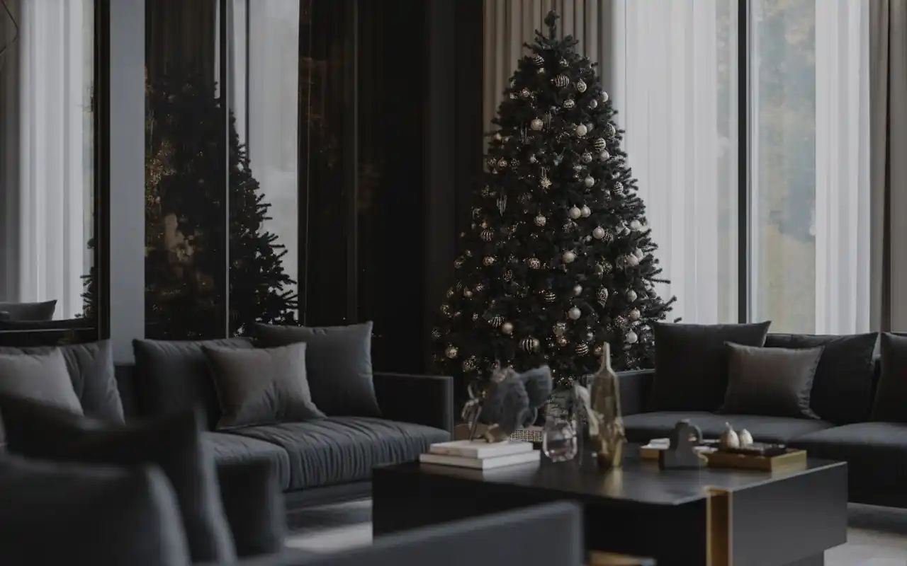 Close up of matte black and shiny obsidian ornaments on a traditional green pine tree.