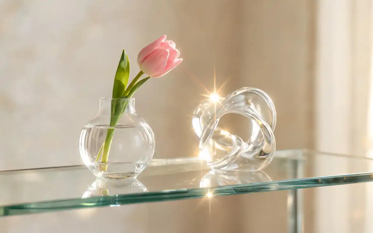 Close-up of clear glass vases and small green plants on a light wood shelf.