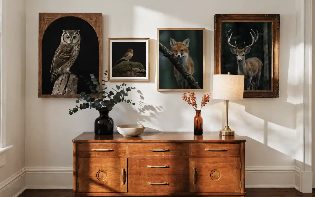 A curated gallery wall above a nursery dresser featuring botanical and forest animal prints.