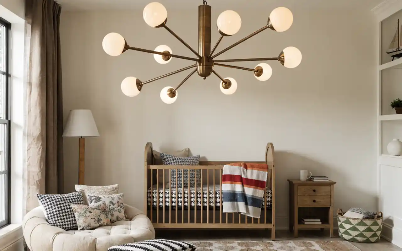 A modern star-shaped pendant light hanging in a sophisticated boy's nursery.