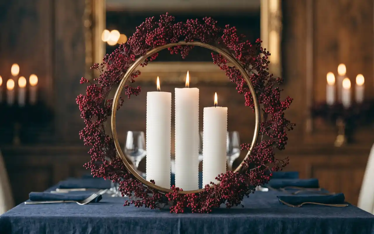 A sophisticated brass ring centerpiece with deep red berries and white pillar candles.