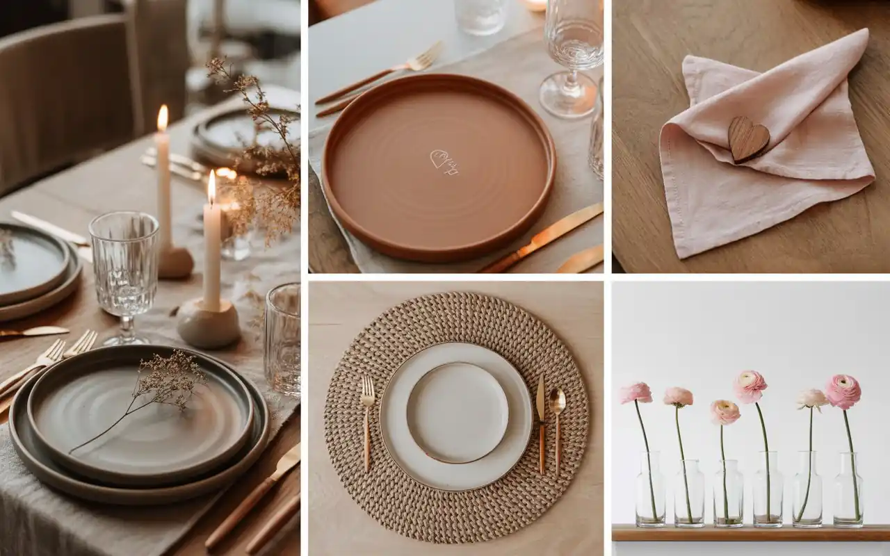 Collection of small glass bud vases with single pink flowers