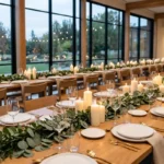 A modern wedding reception table with greenery runners and glowing candles.