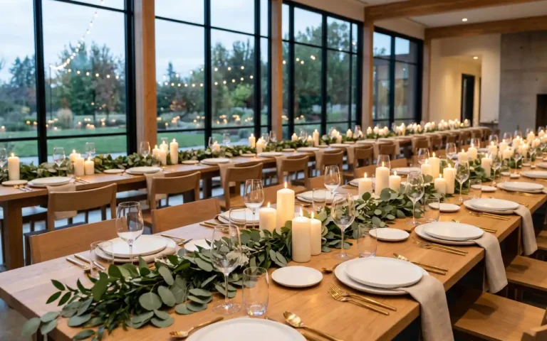 A modern wedding reception table with greenery runners and glowing candles.