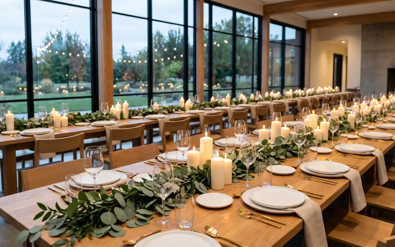 A modern wedding reception table with greenery runners and glowing candles.
