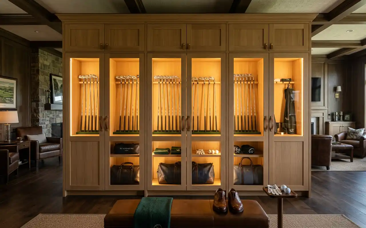 Custom wall-mounted cabinets with LED lighting displaying golf bags and polished clubs.