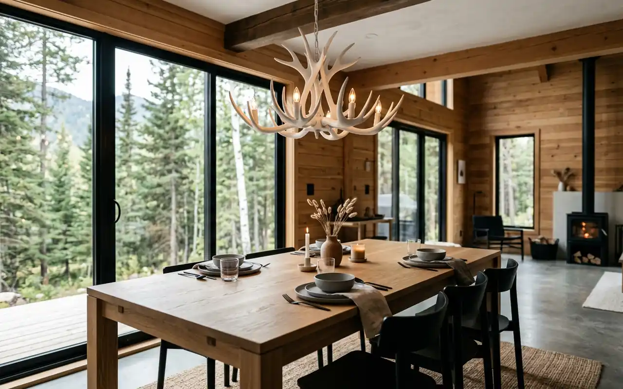 A modern white antler chandelier hanging in a cabin dining room with soft ambient light.