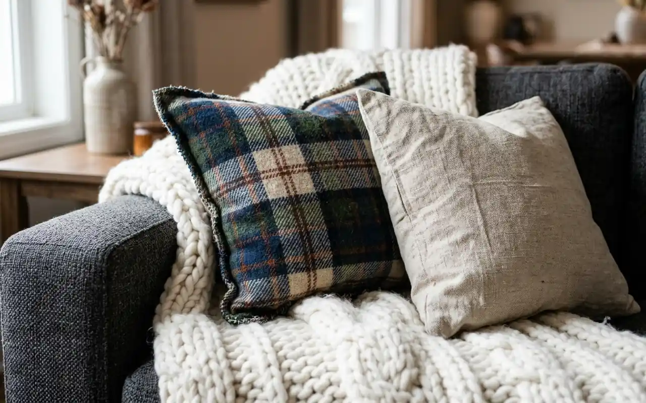 Close-up of layered chunky knit blankets and wool pillows on a charcoal sofa in a cabin.