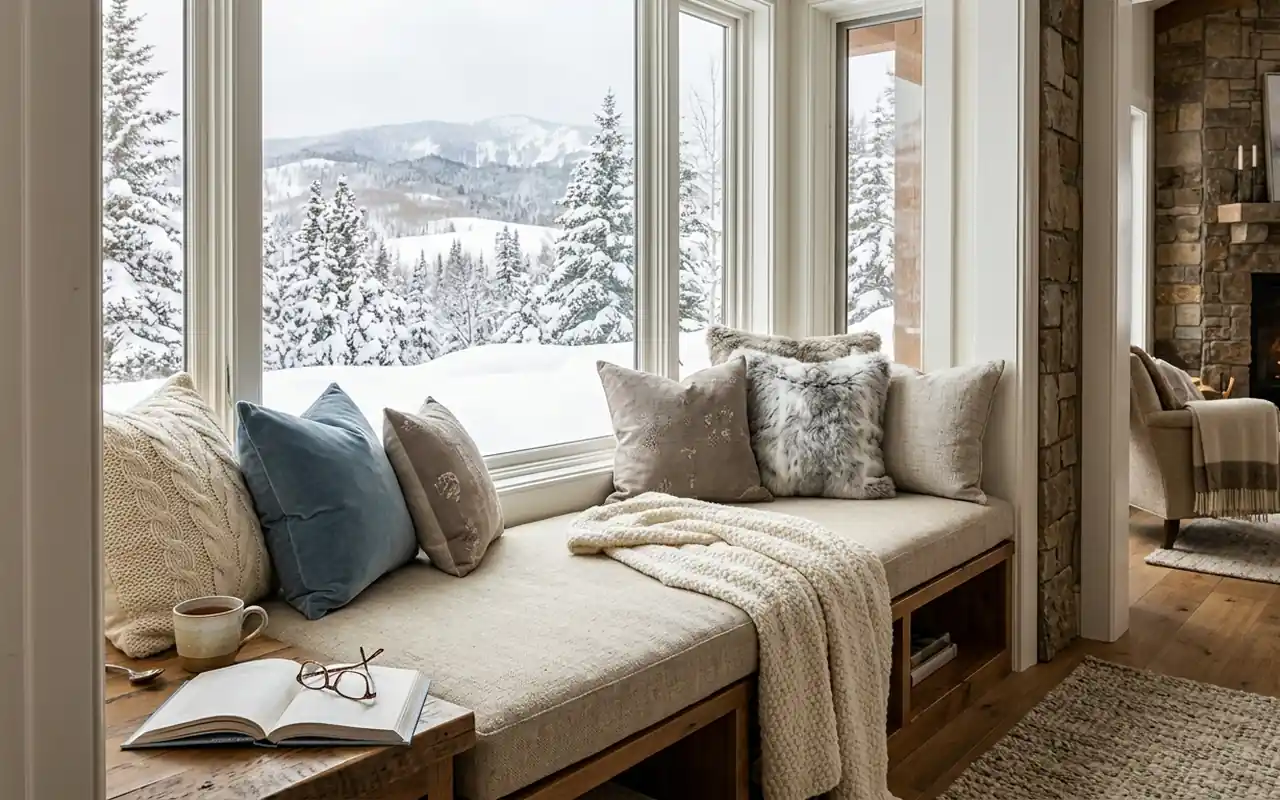 A cozy window reading nook with linen cushions and a view of a snowy pine forest.