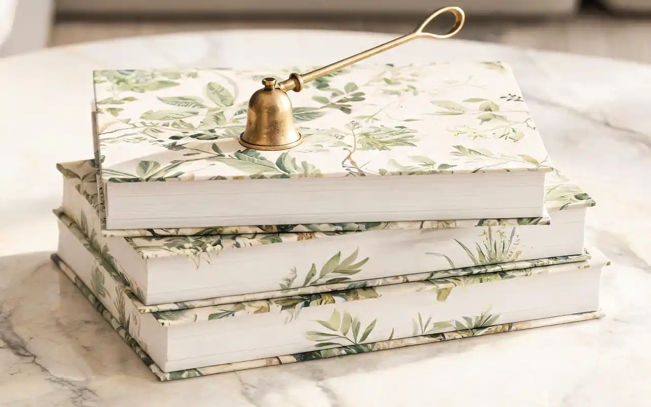A stack of warm greige coffee table books topped with a brushed brass candle snuffer.