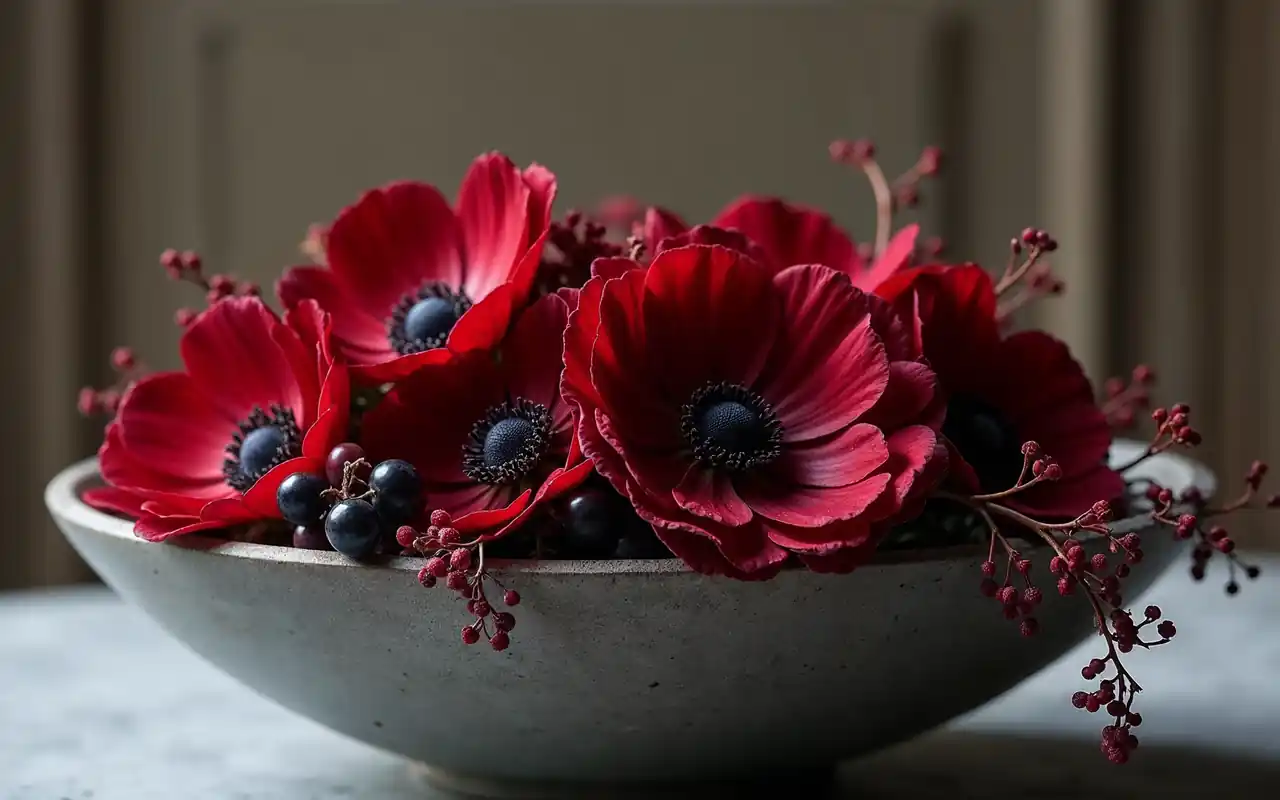 A lush centerpiece of dark red ranunculus and blackberries in a low stone vase.